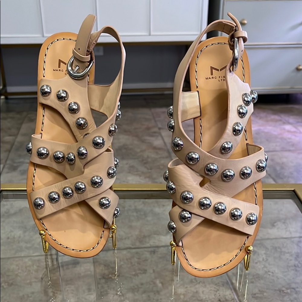 Marc Fisher Nude/Tan Studded Sandals, Sz 6.5, New
